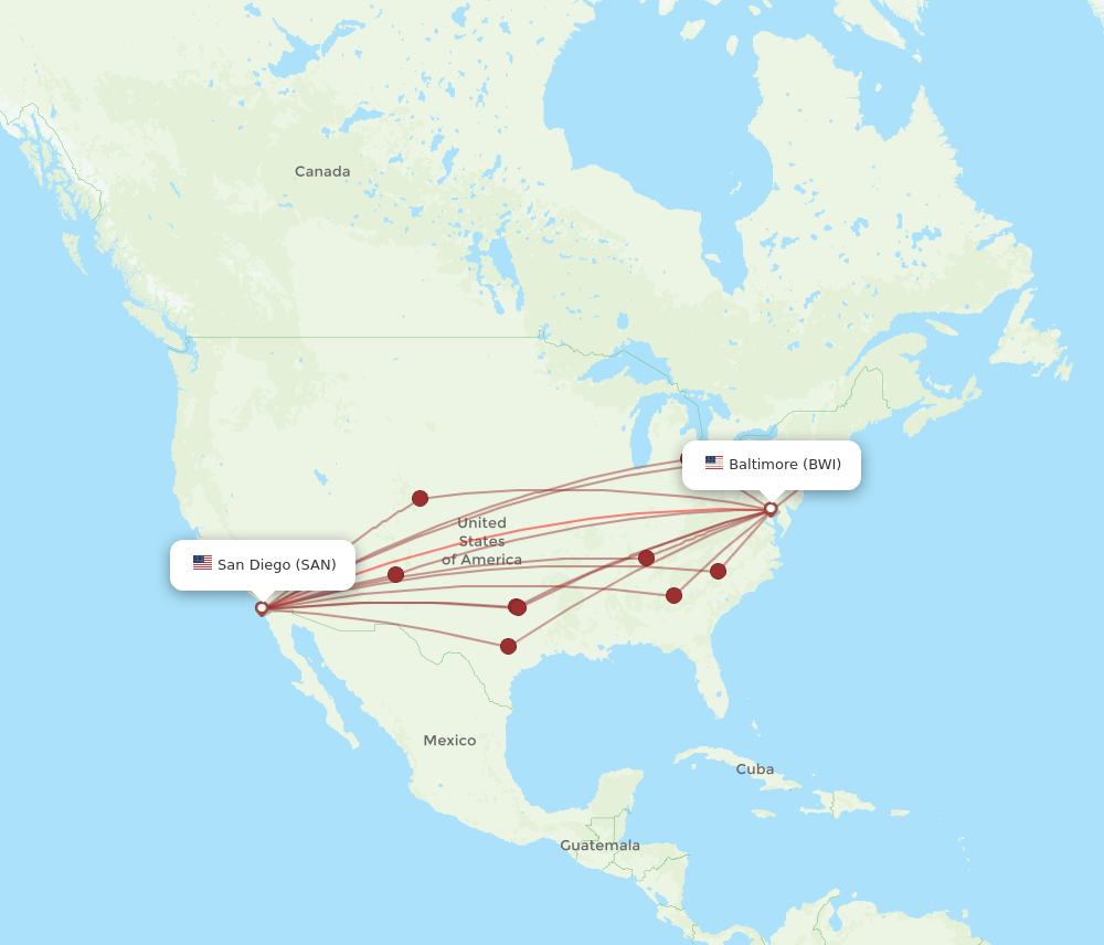 SAN to BWI flights and routes map