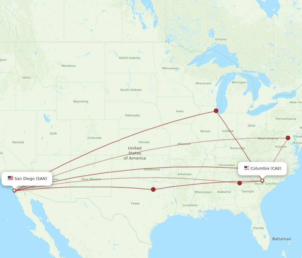 SAN to CAE flights and routes map
