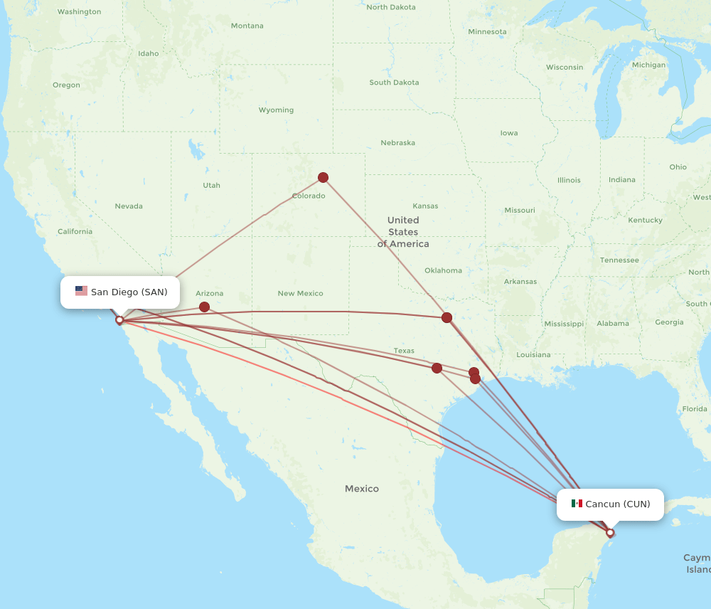SAN to CUN flights and routes map