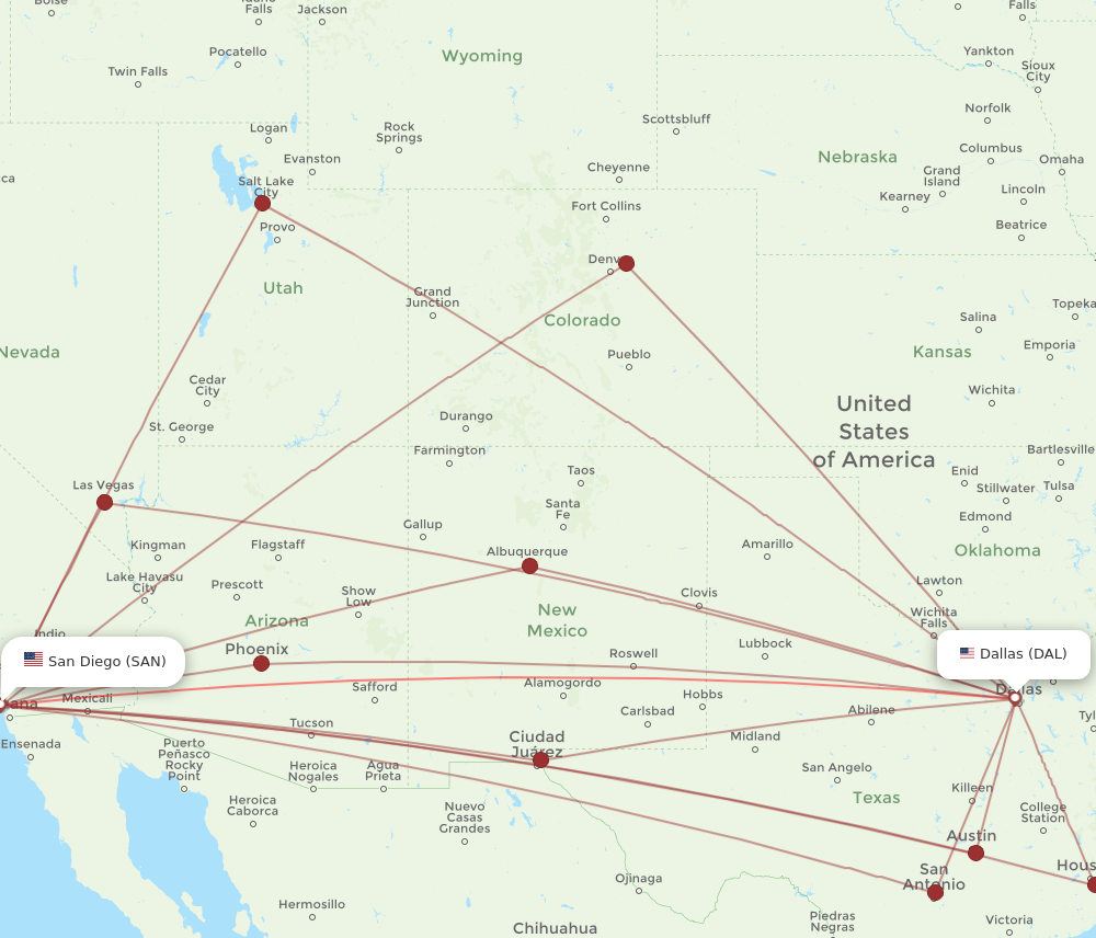 SAN to DAL flights and routes map