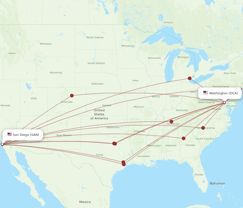 SAN to DCA flights and routes map