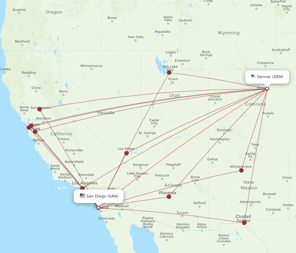 SAN to DEN flights and routes map