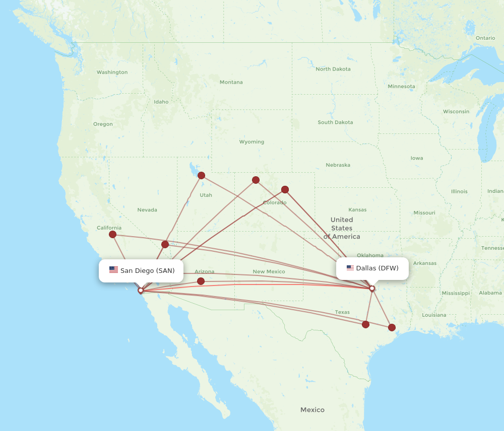 San Diego - Dallas route map and flight paths