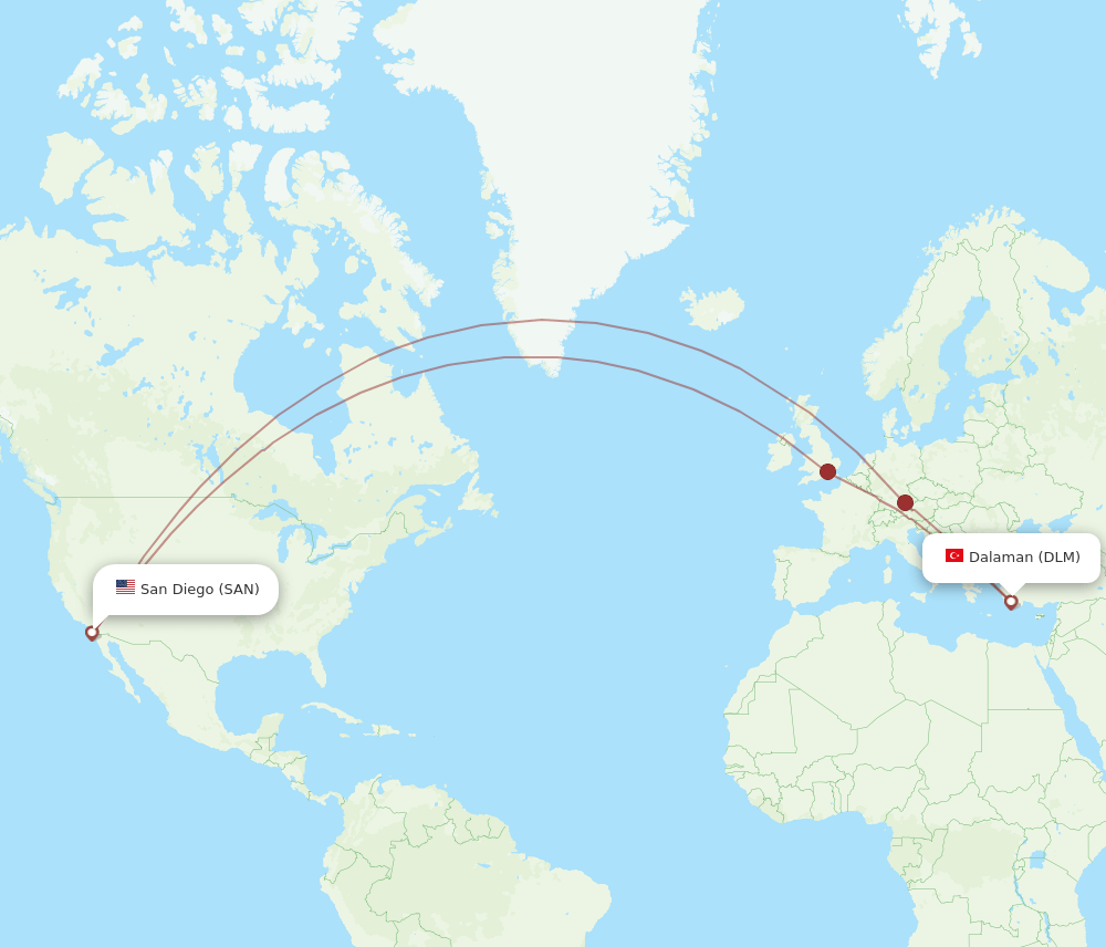 Dalaman - San Diego route map and flight paths