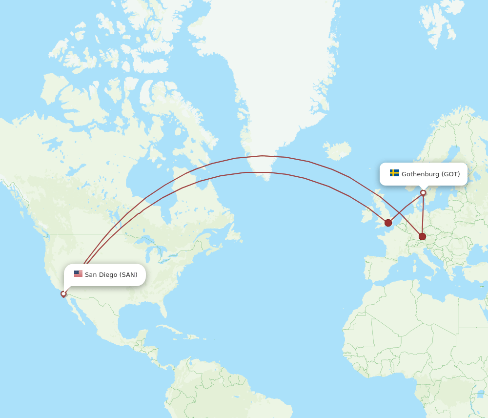 SAN to GOT flights and routes map