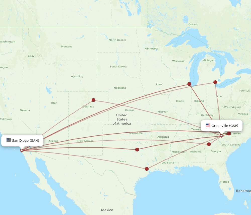 SAN-GSP flight routes