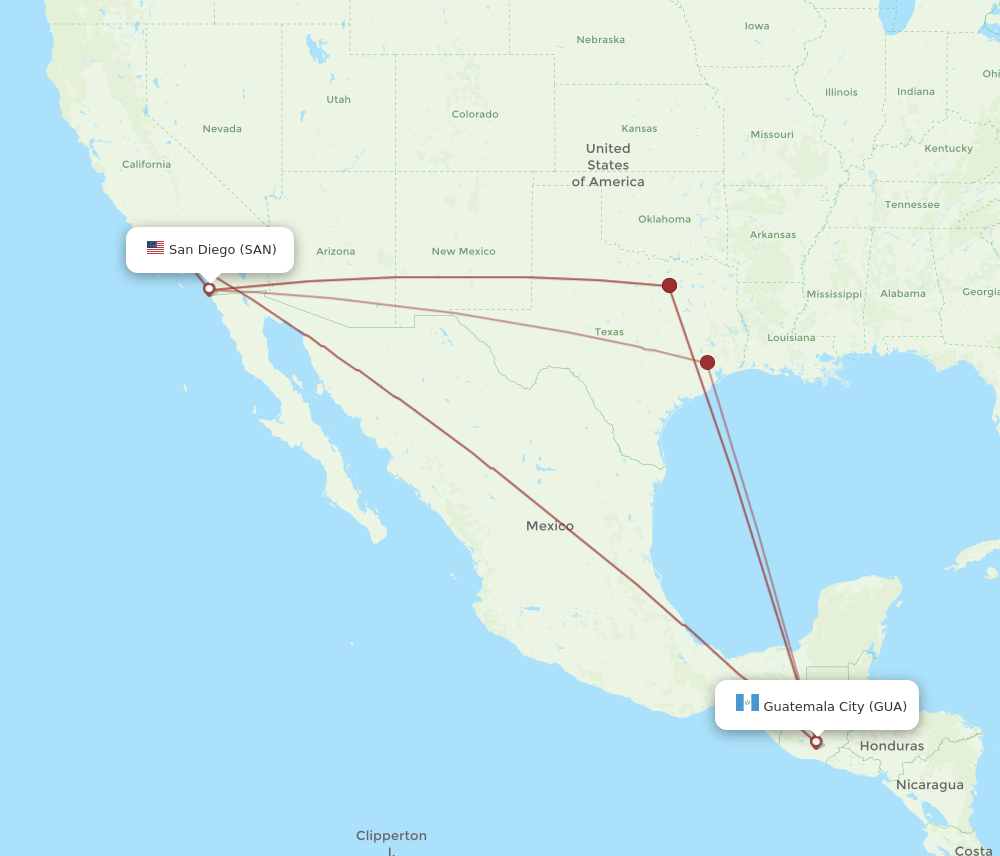 SAN to GUA flights and routes map
