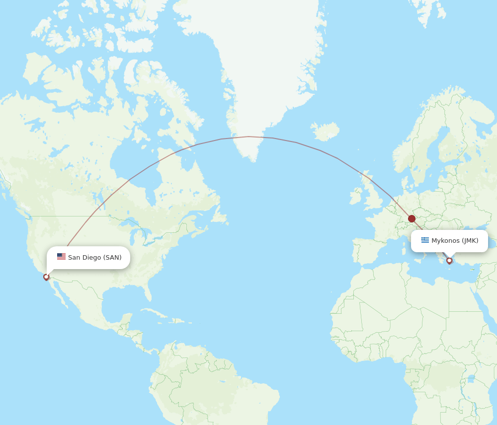 Mykonos - San Diego route map and flight paths