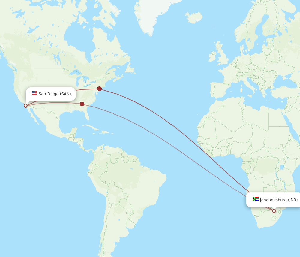 SAN to JNB flights and routes map
