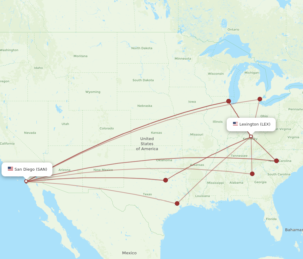 SAN to LEX flights and routes map