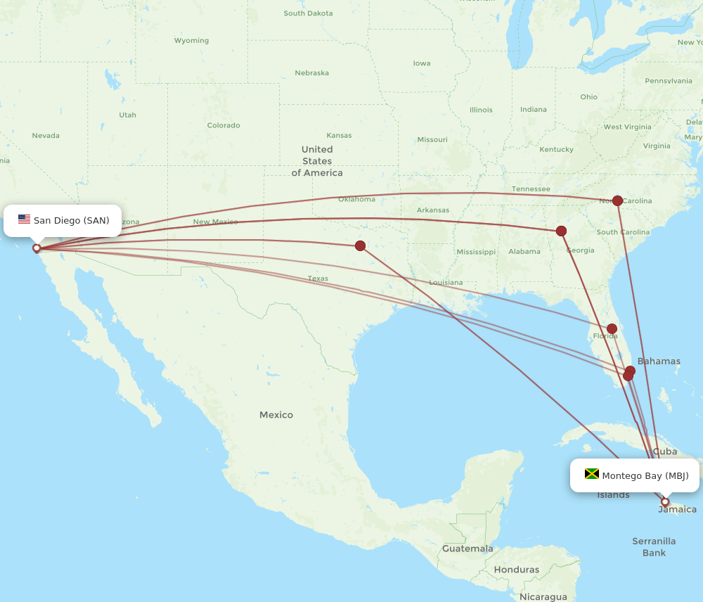 SAN-MBJ flight routes