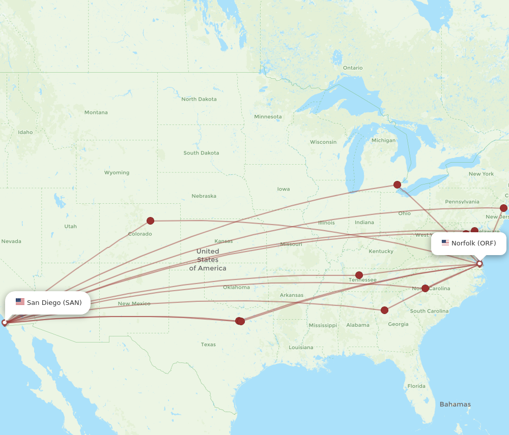 SAN to ORF flights and routes map