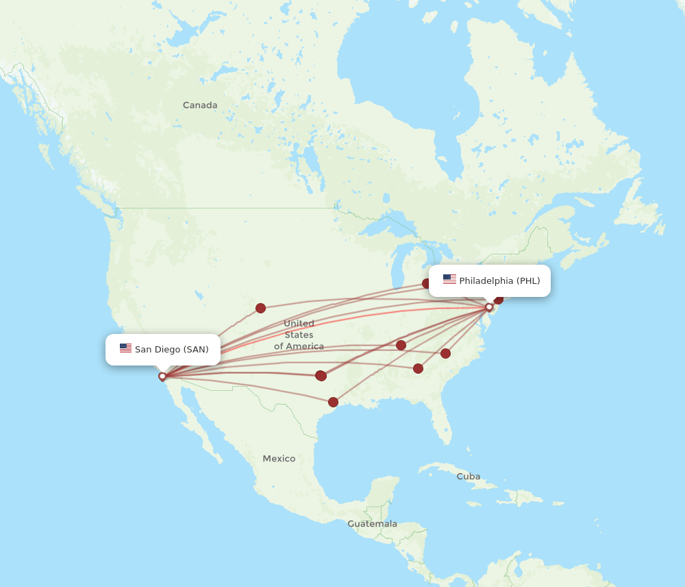 SAN to PHL flights and routes map