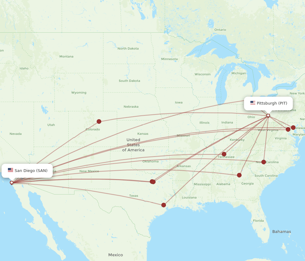 SAN to PIT flights and routes map