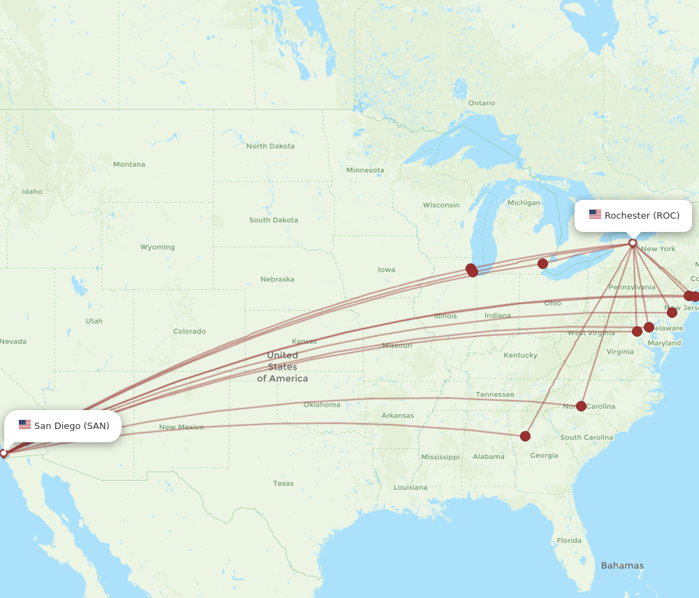 SAN to ROC flights and routes map