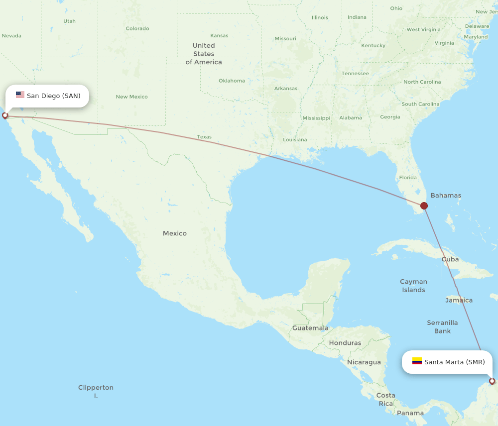 San Diego - Santa Marta route map and flight paths