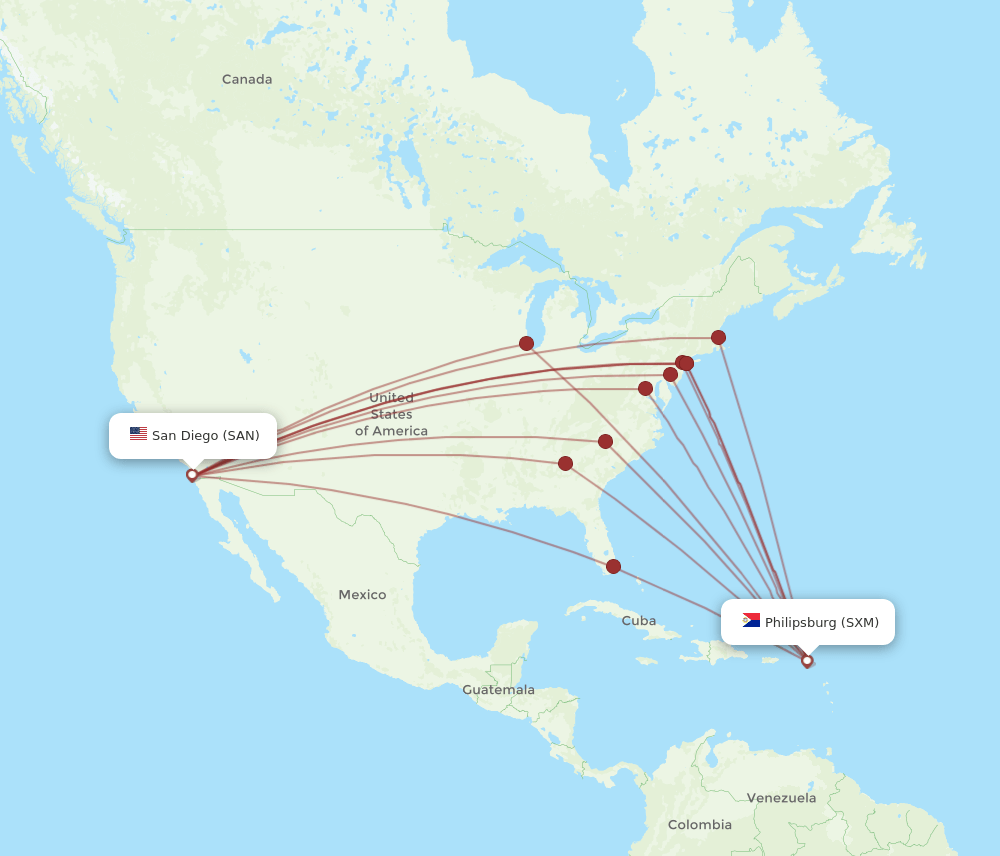 SAN to SXM flights and routes map