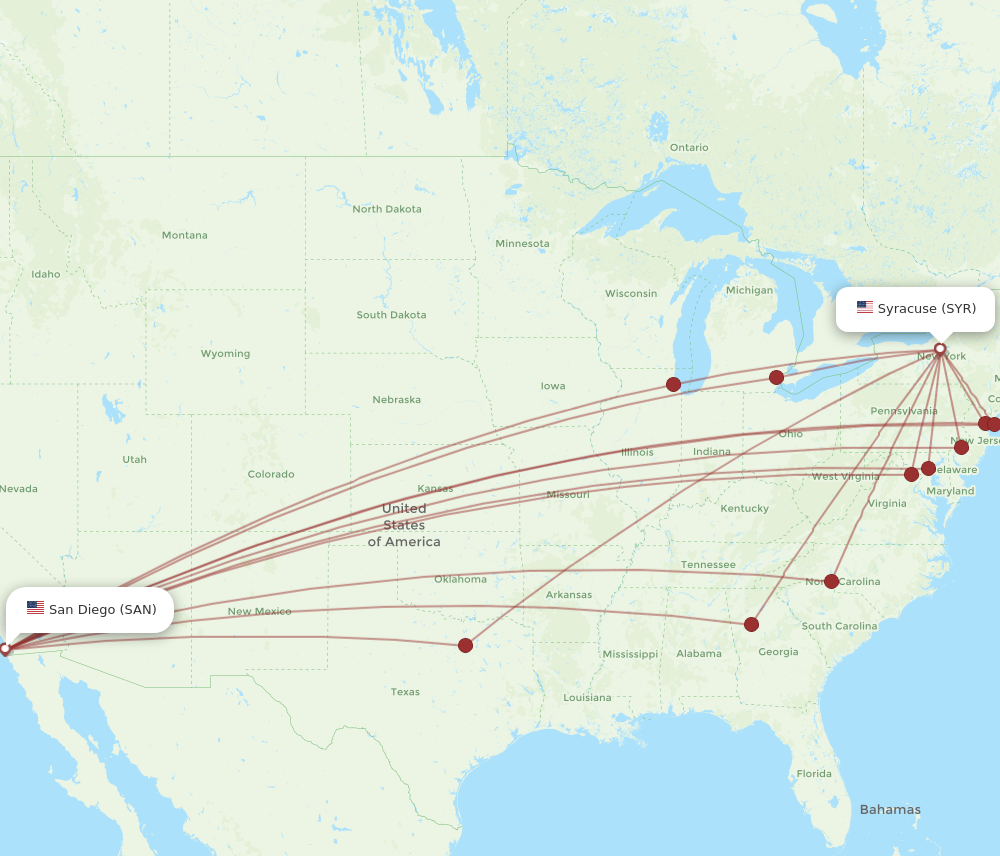 SAN to SYR flights and routes map