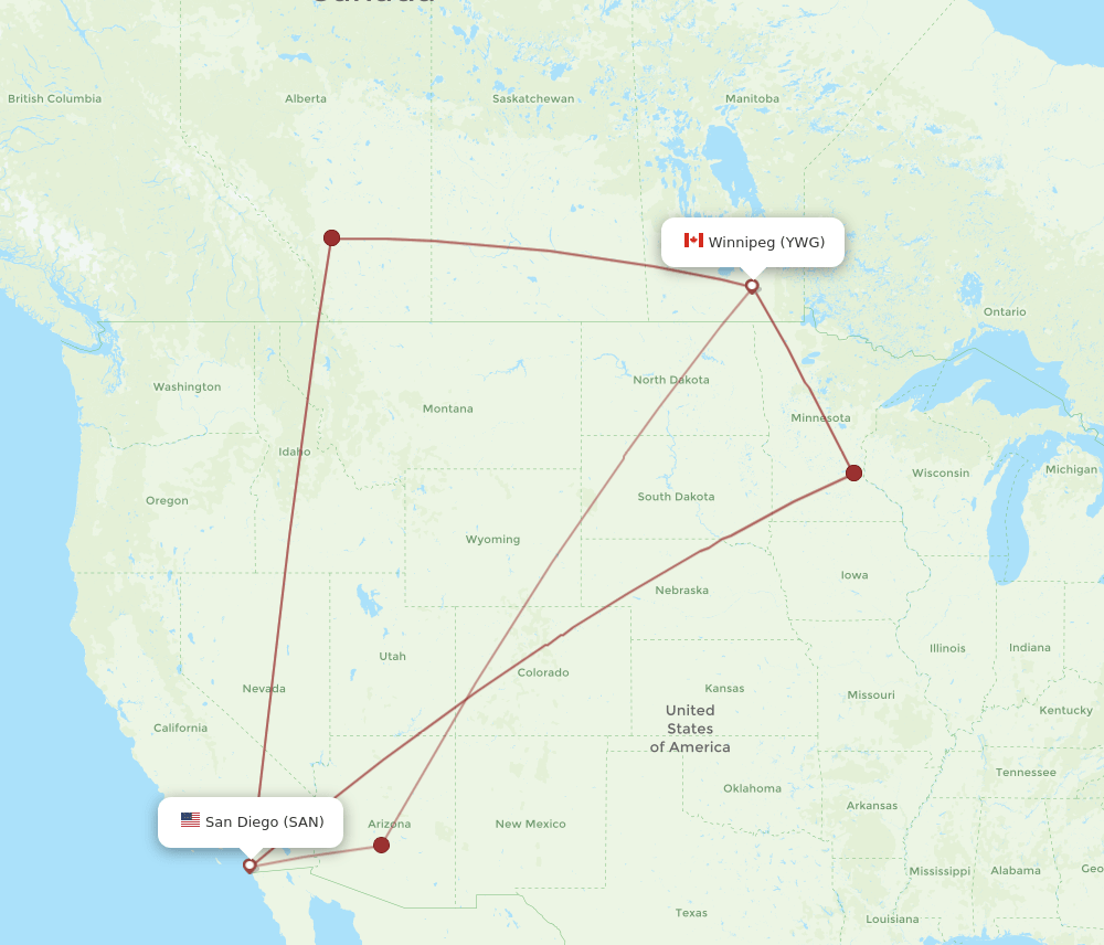 SAN-YWG flight routes
