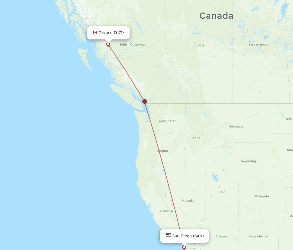 SAN to YXT flights and routes map