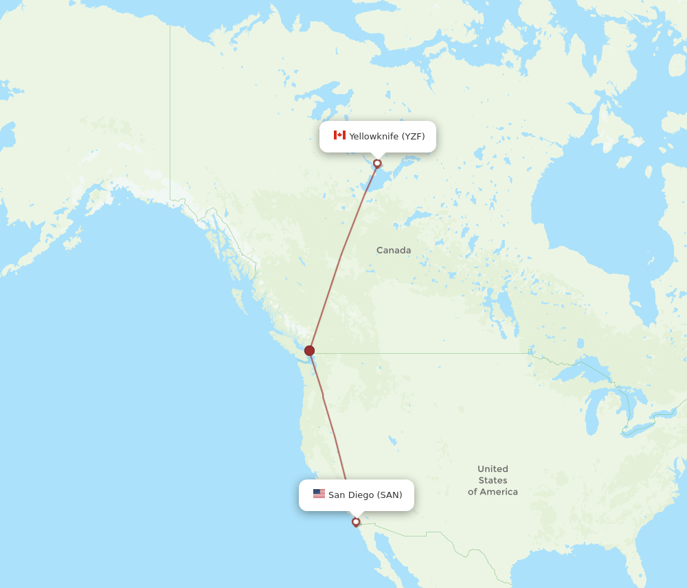 Yellowknife - San Diego route map and flight paths