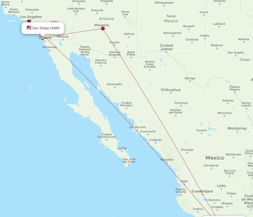 Ixtapa/Zihuatanejo - San Diego route map and flight paths