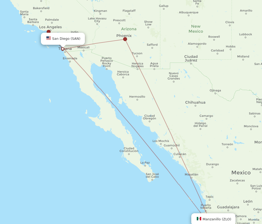 SAN to ZLO flights and routes map