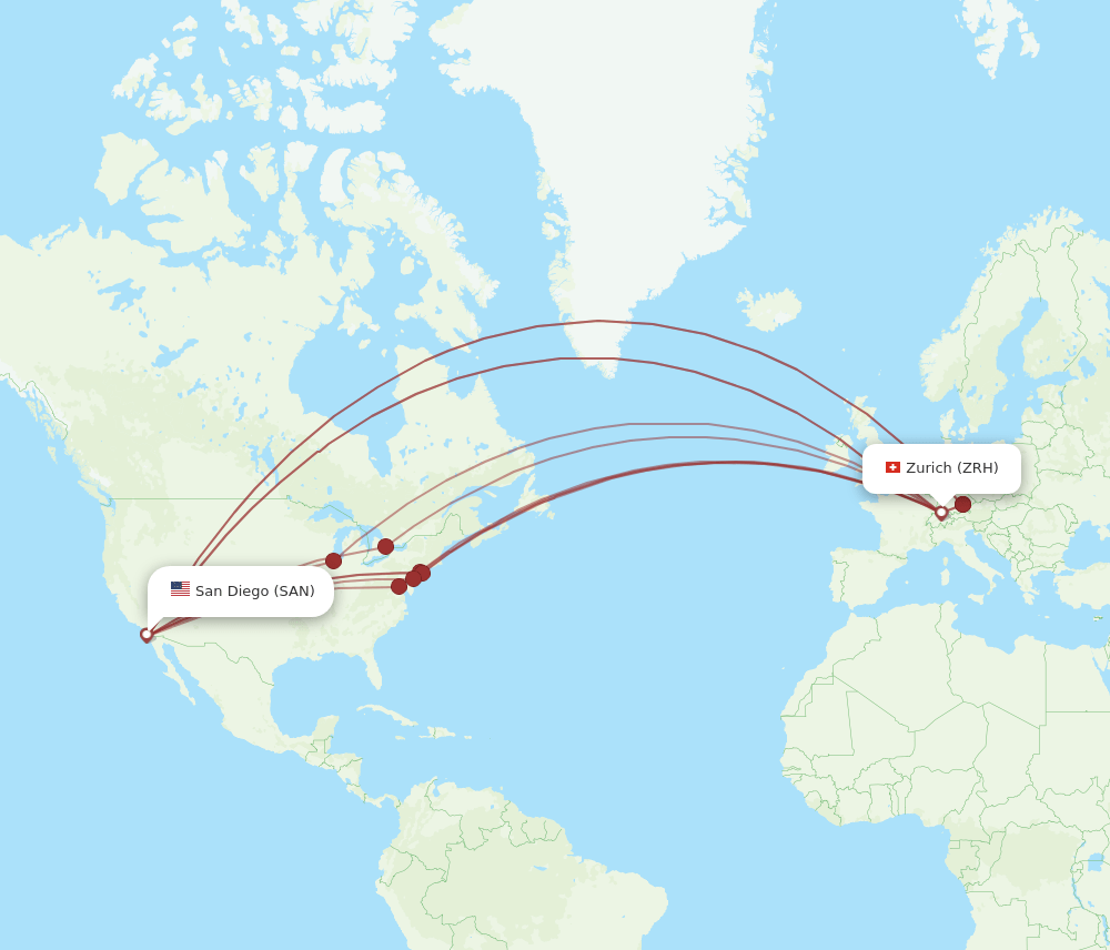 Zurich - San Diego route map and flight paths