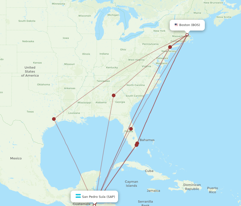 SAP to BOS flights and routes map