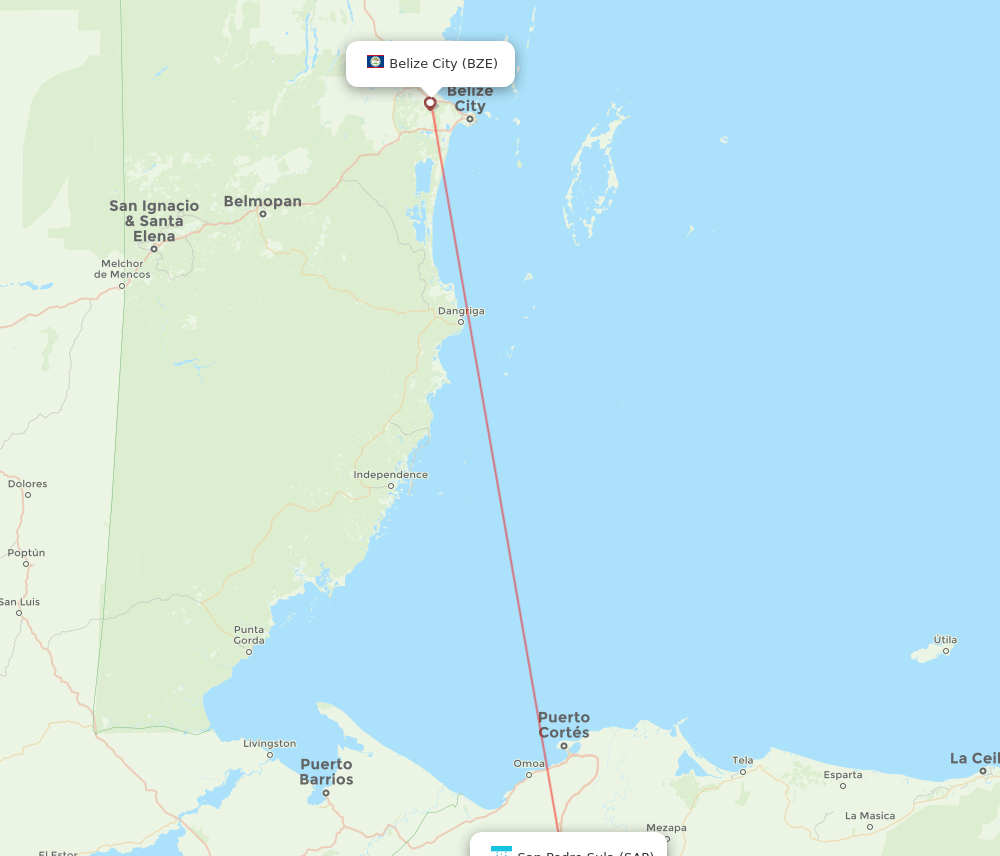 San Pedro Sula - Belize City route map and flight paths