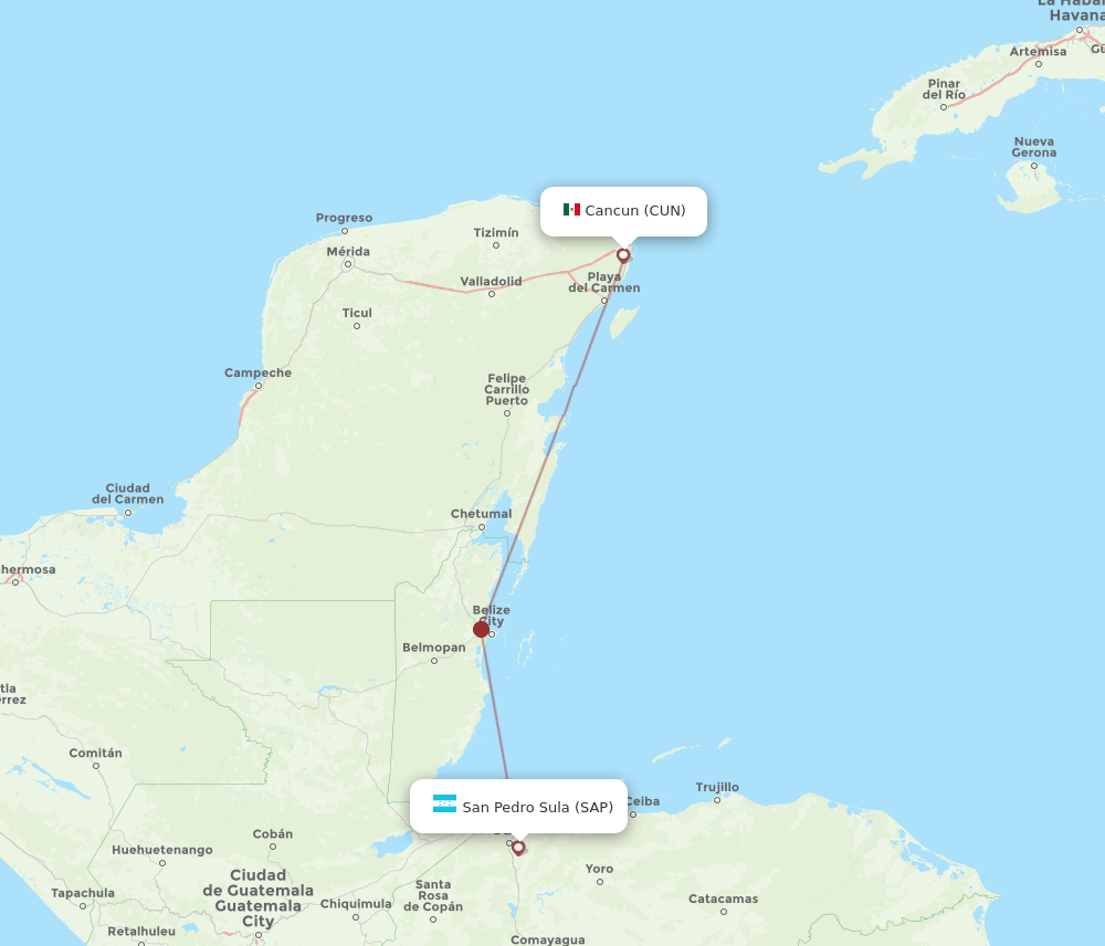 Cancun - San Pedro Sula route map and flight paths