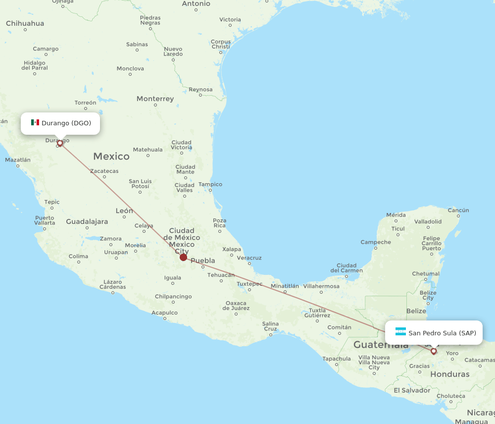 Durango - San Pedro Sula route map and flight paths