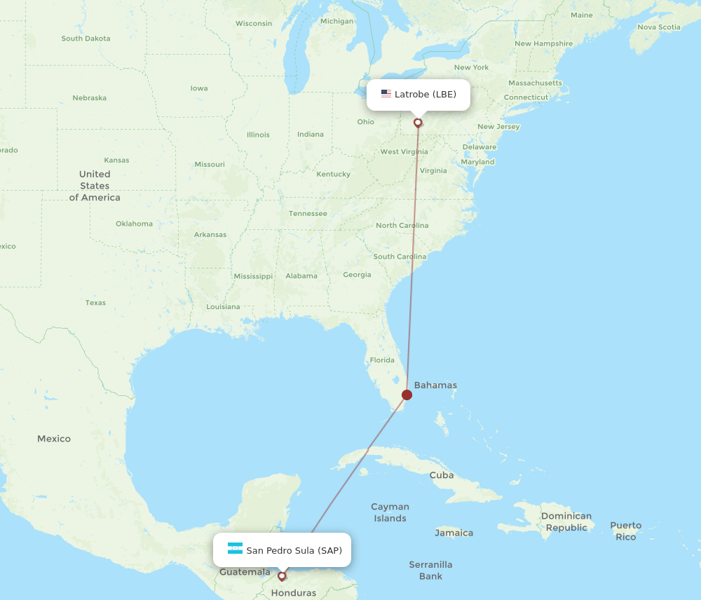 Latrobe - San Pedro Sula route map and flight paths