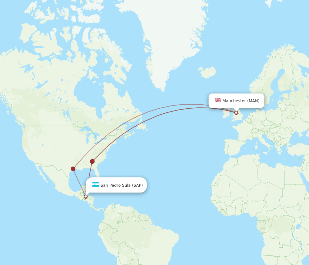 Manchester - San Pedro Sula route map and flight paths