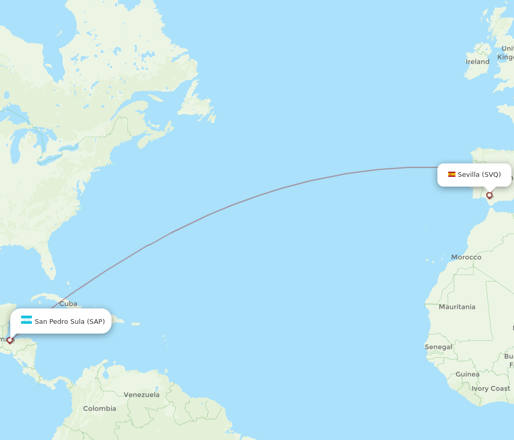 Sevilla - San Pedro Sula route map and flight paths
