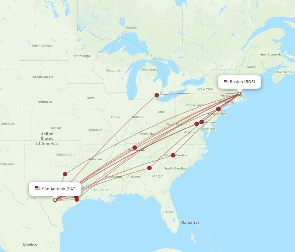 SAT-BOS flight routes