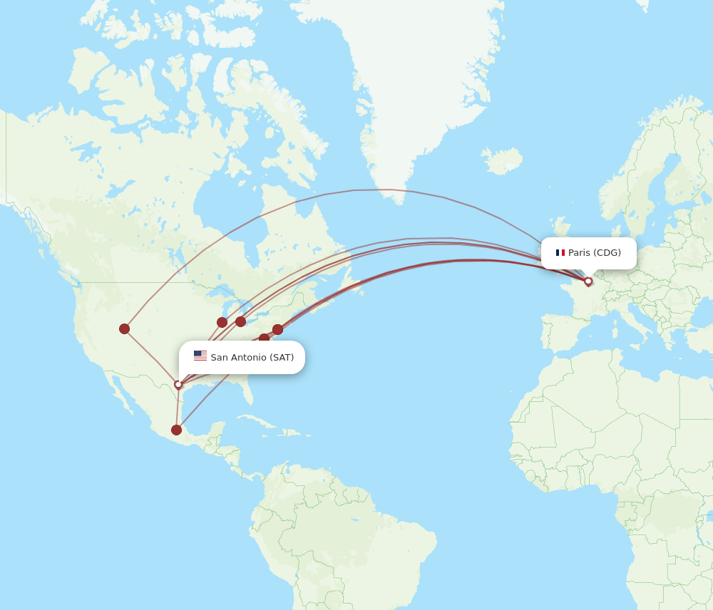 SAT to CDG flights and routes map
