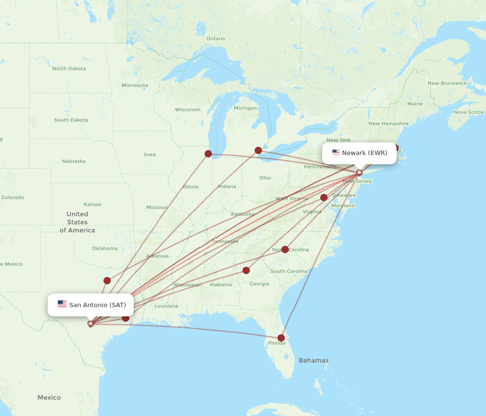 SAT to EWR flights and routes map