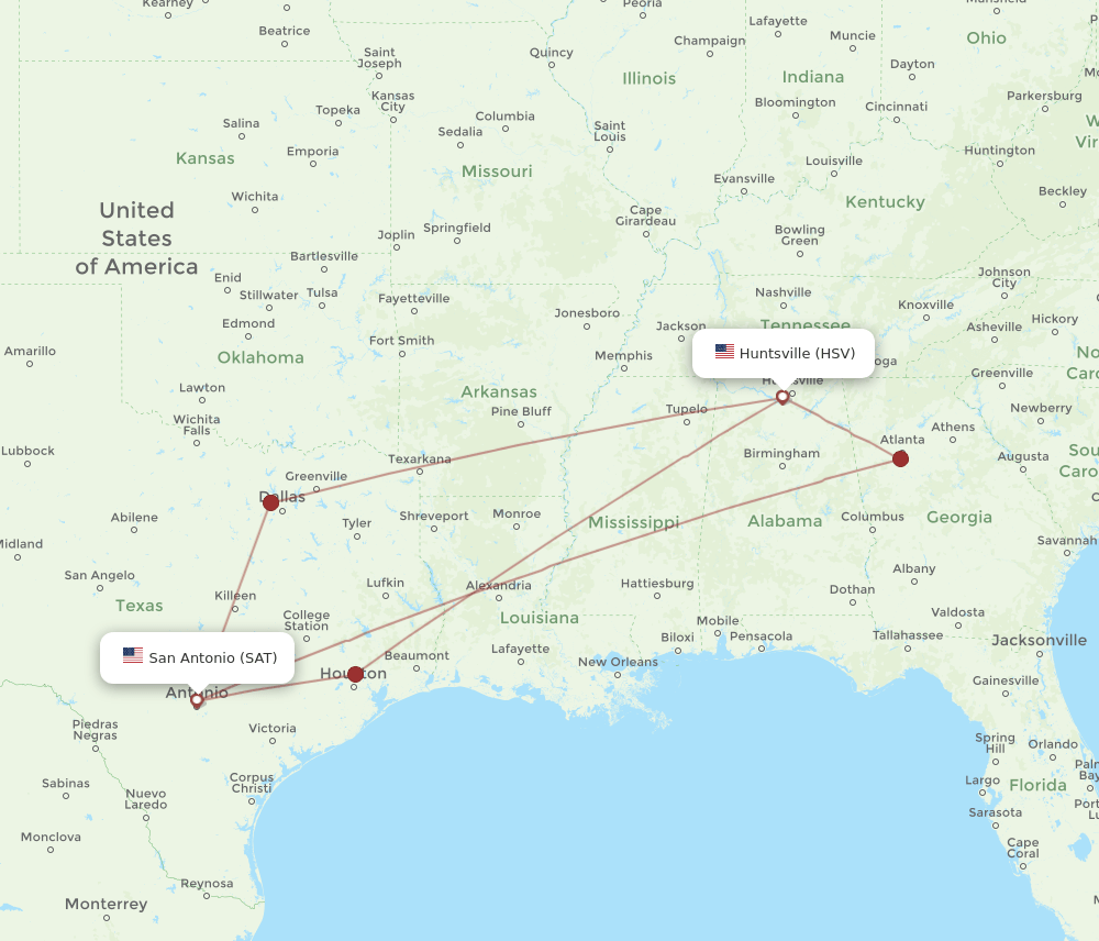 SAT to HSV flights and routes map