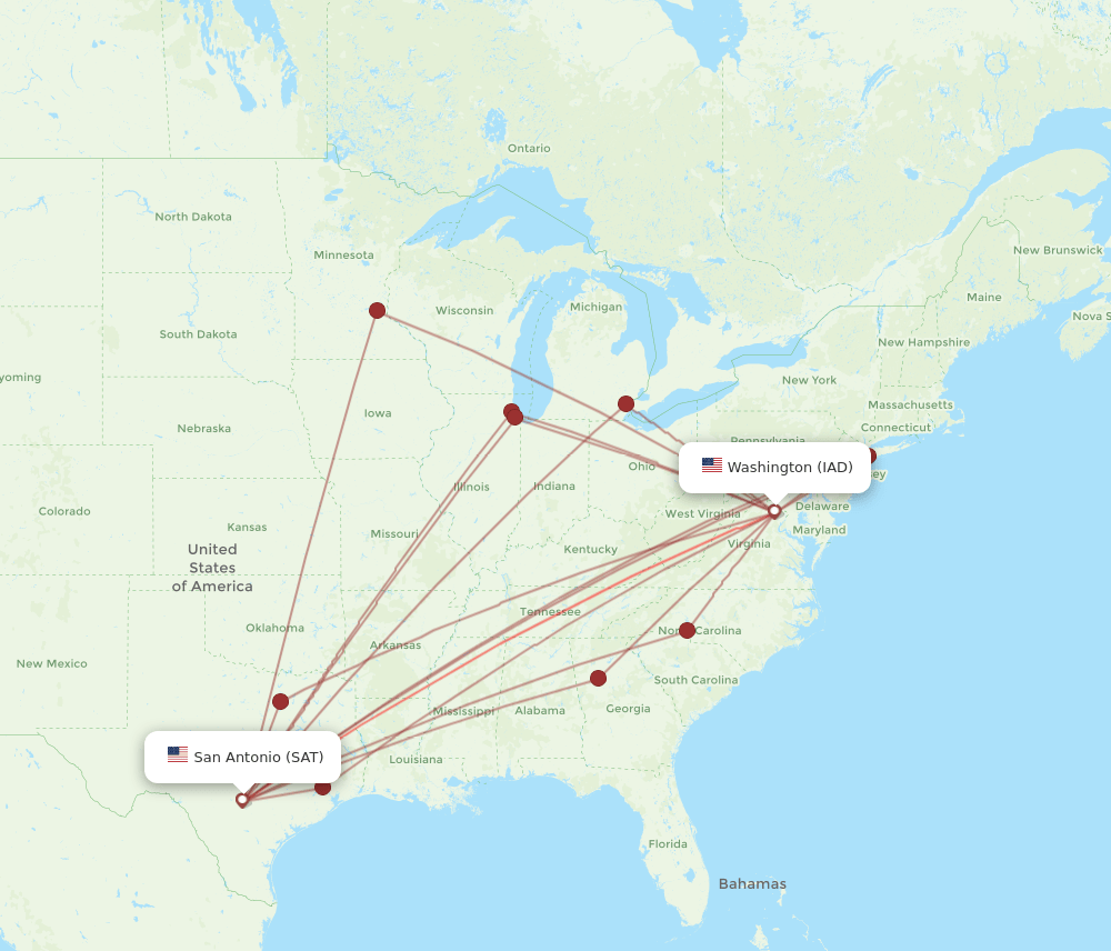 SAT to IAD flights and routes map