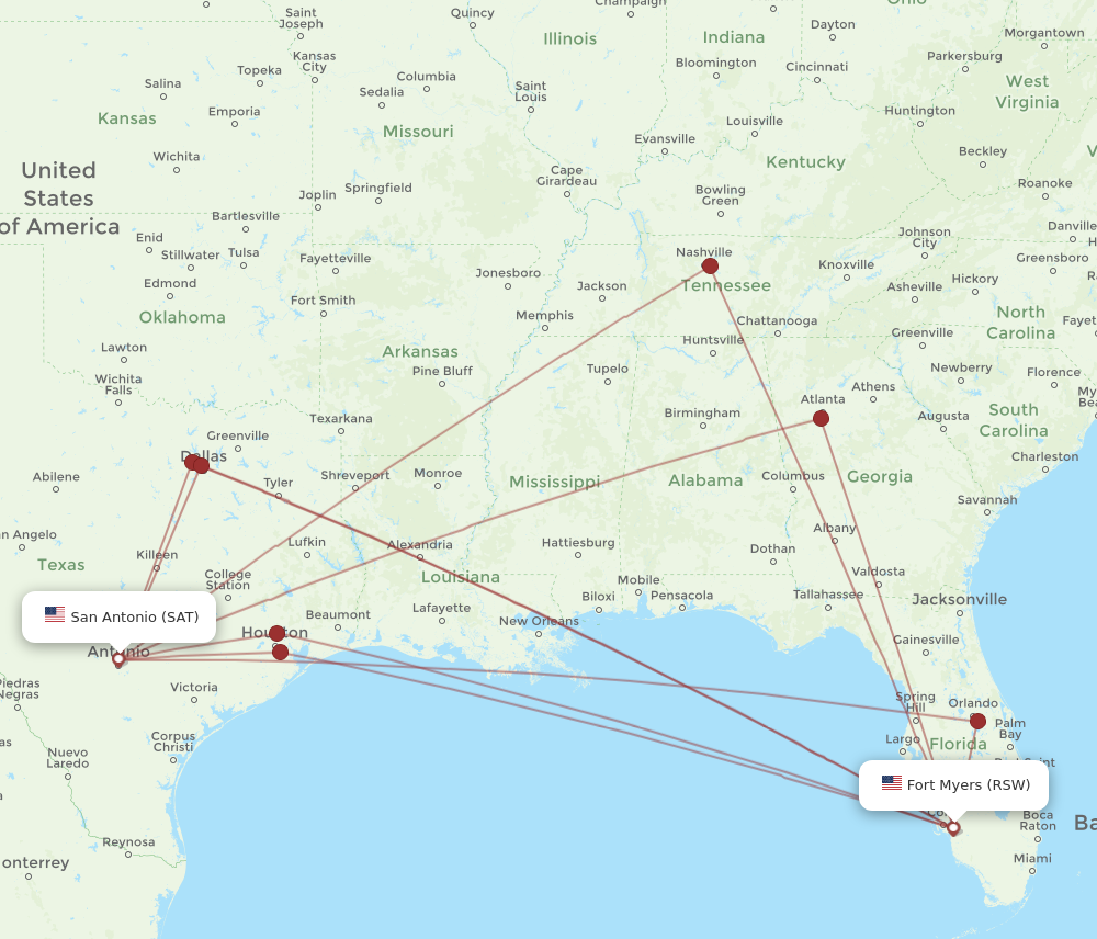 SAT to RSW flights and routes map