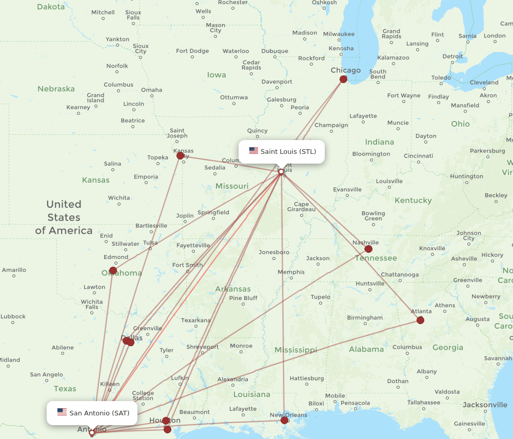 SAT to STL flights and routes map