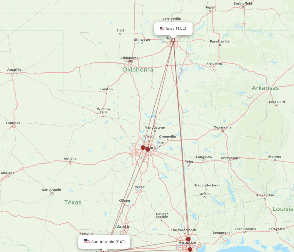 SAT to TUL flights and routes map