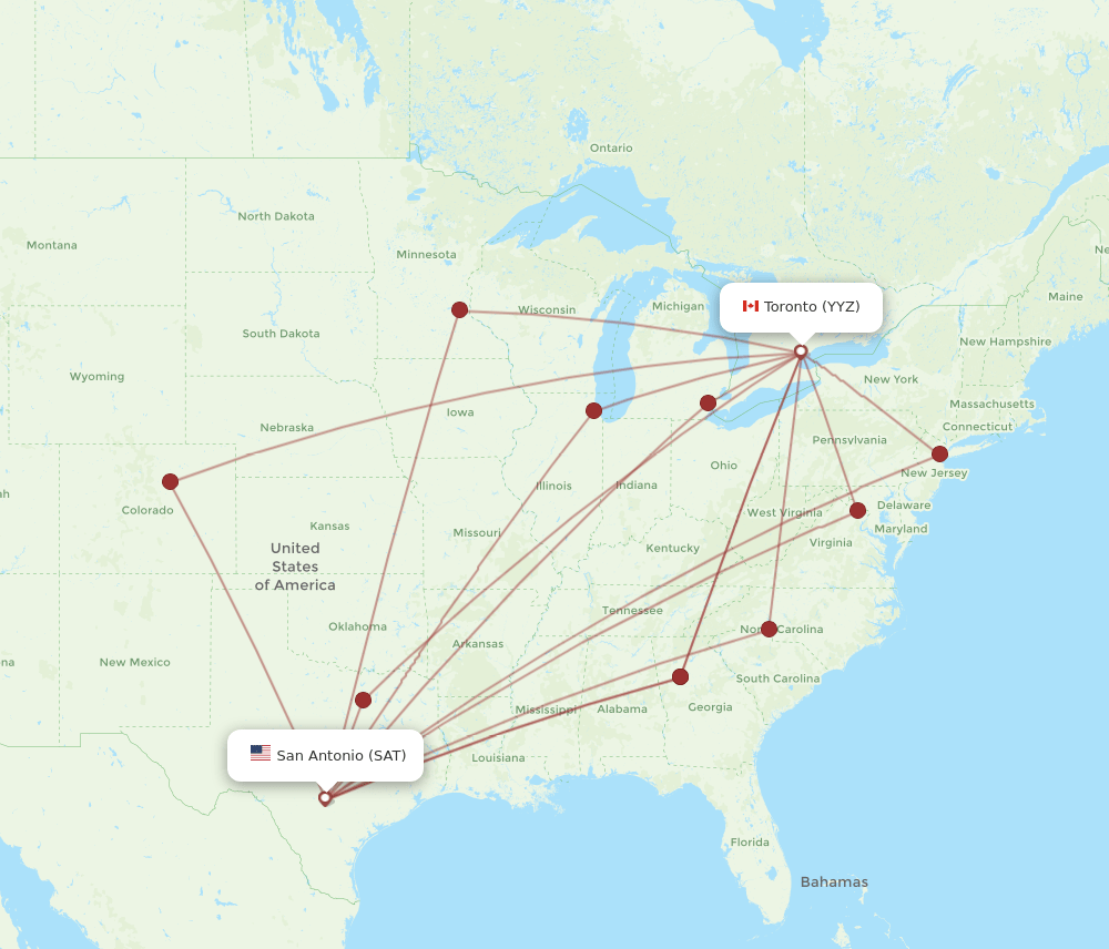 Toronto - San Antonio route map and flight paths