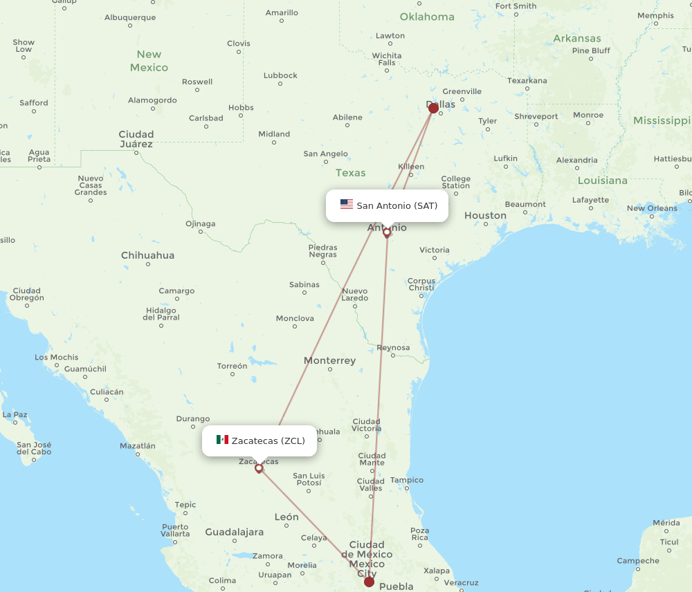 ZCL to SAT flights and routes map
