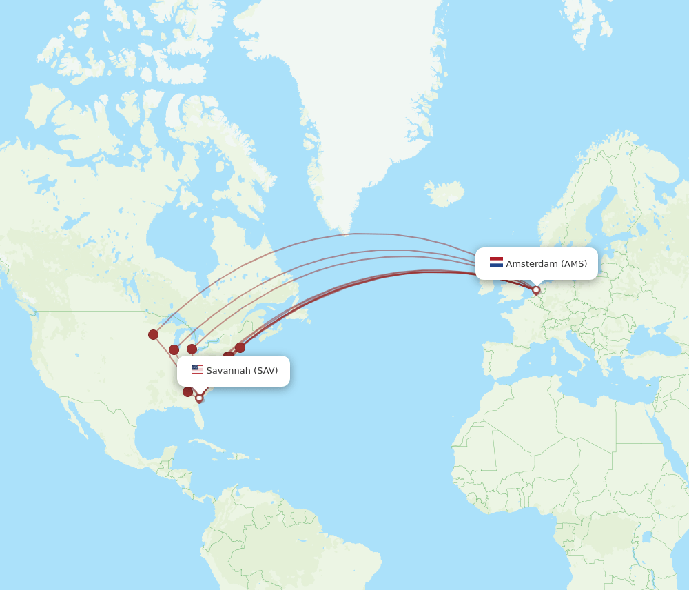 SAV-AMS flight routes