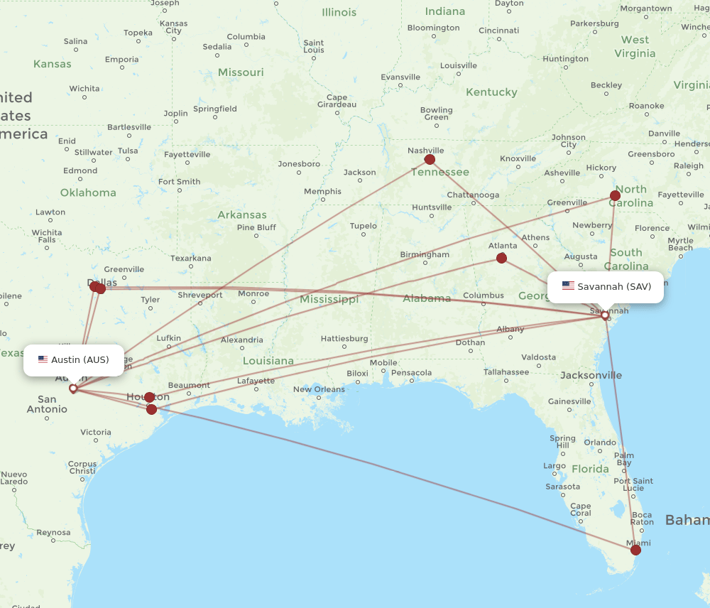 SAV-AUS flight routes