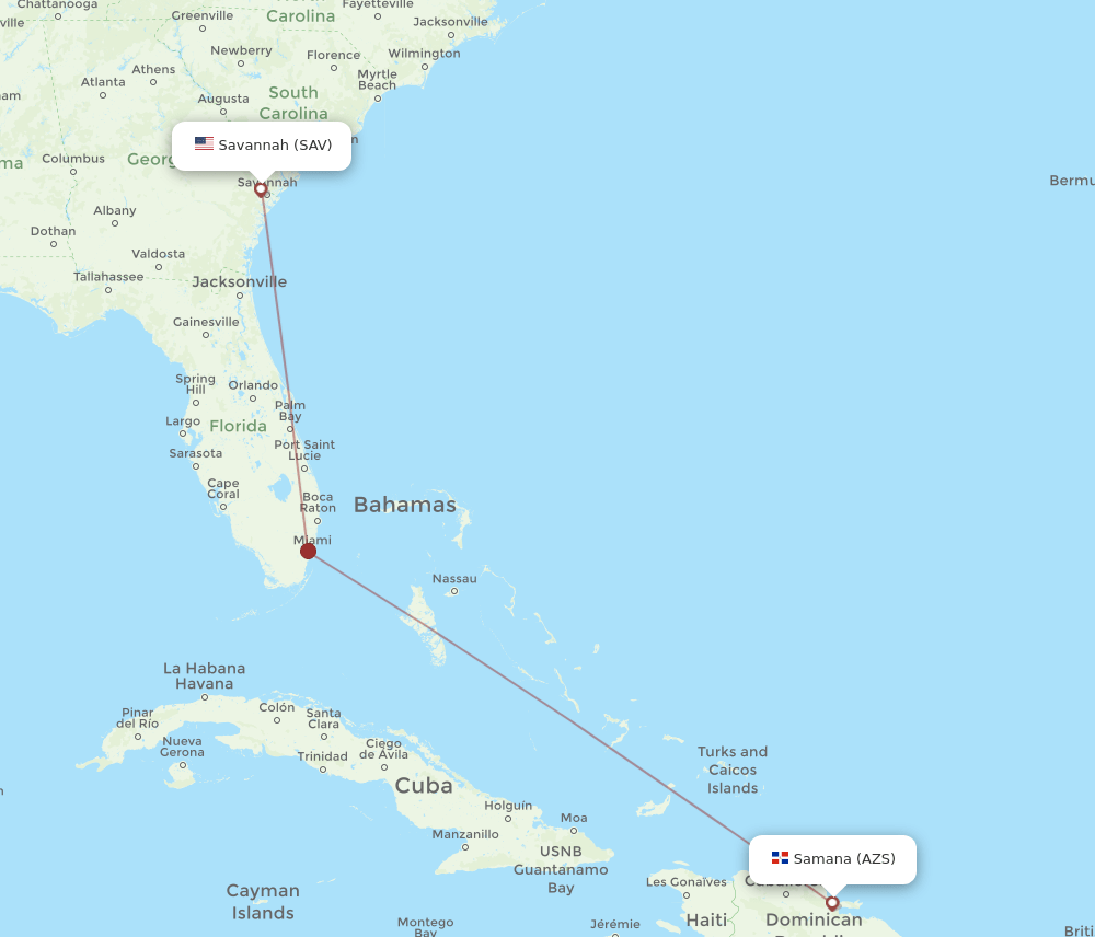 Savannah - El Catey/Samana route map and flight paths