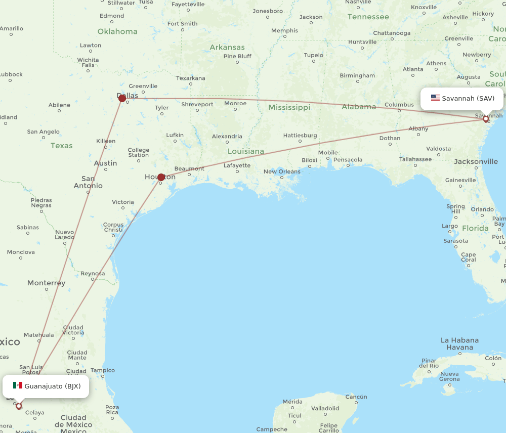 SAV to BJX flights and routes map
