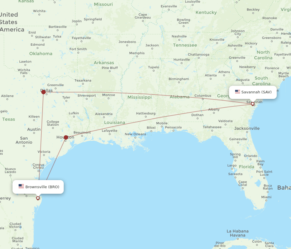 SAV-BRO flight routes
